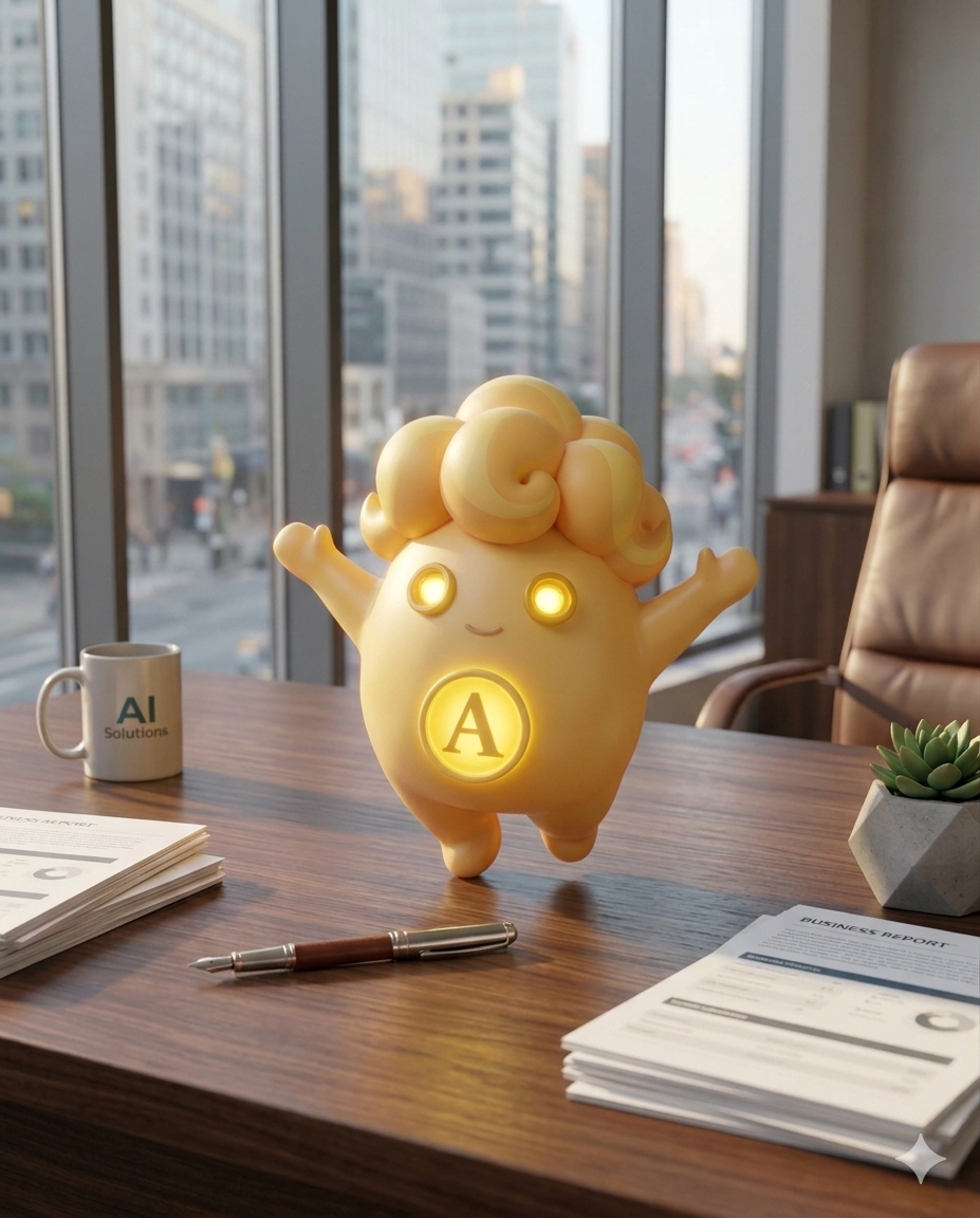 Aria, OBI's finance brain — a glowing golden character with an 'A' seal, standing on an executive desk over a city skyline