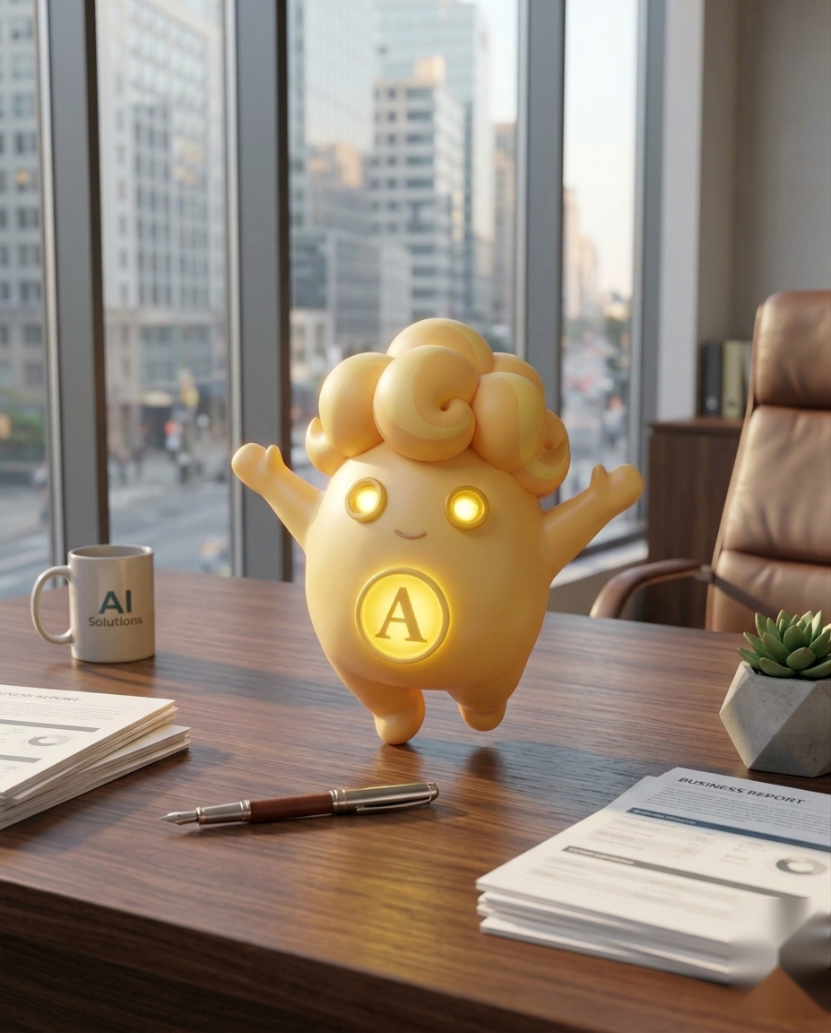 Aria, OBI's finance brain — a glowing golden character with an 'A' seal, standing on an executive desk over a city skyline