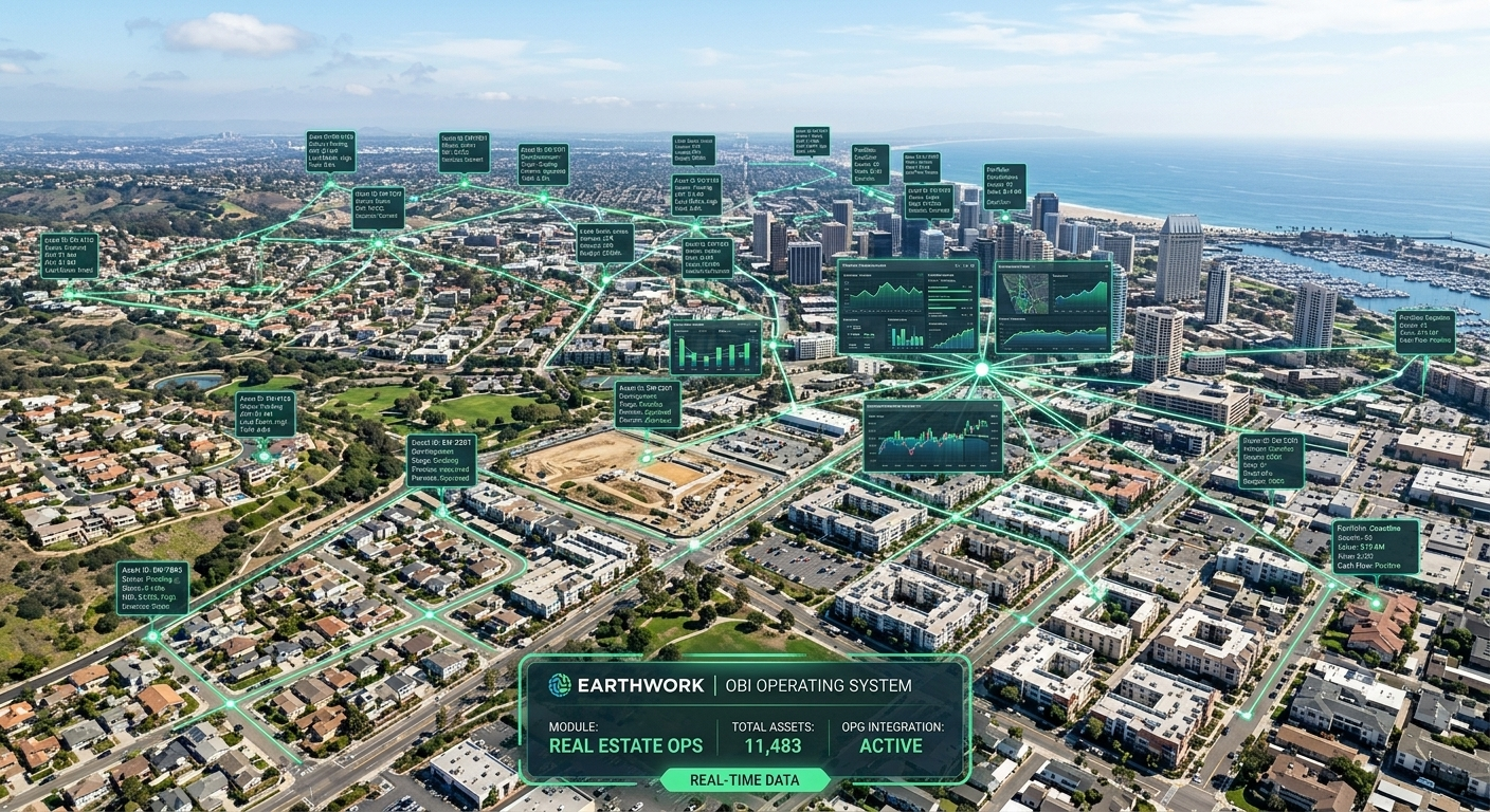 EarthWork — an aerial view of a coastal city with thousands of real estate assets connected by a live green territory graph