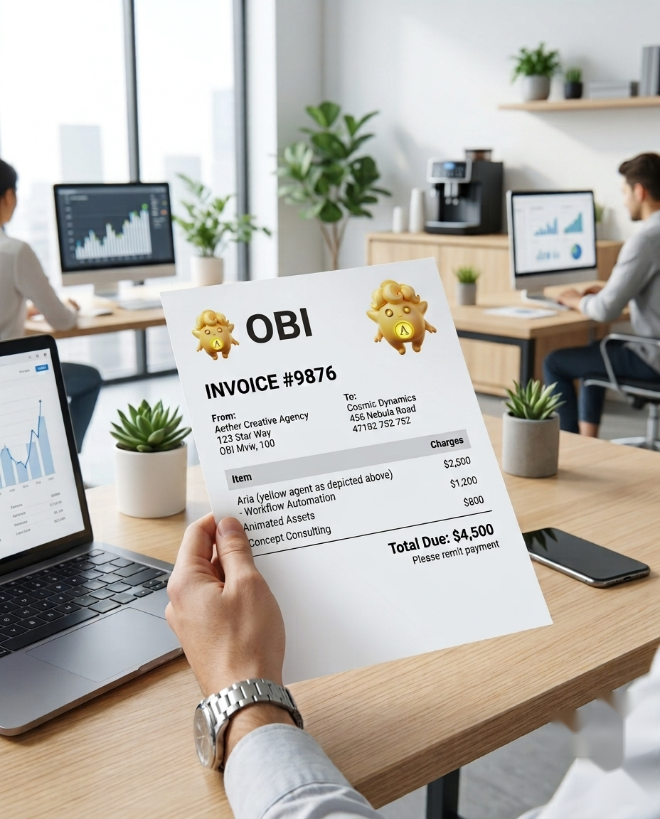 An OBI invoice #9876 from Aether Creative Agency, held in a modern office — total due $4,500, marked paid by Aria