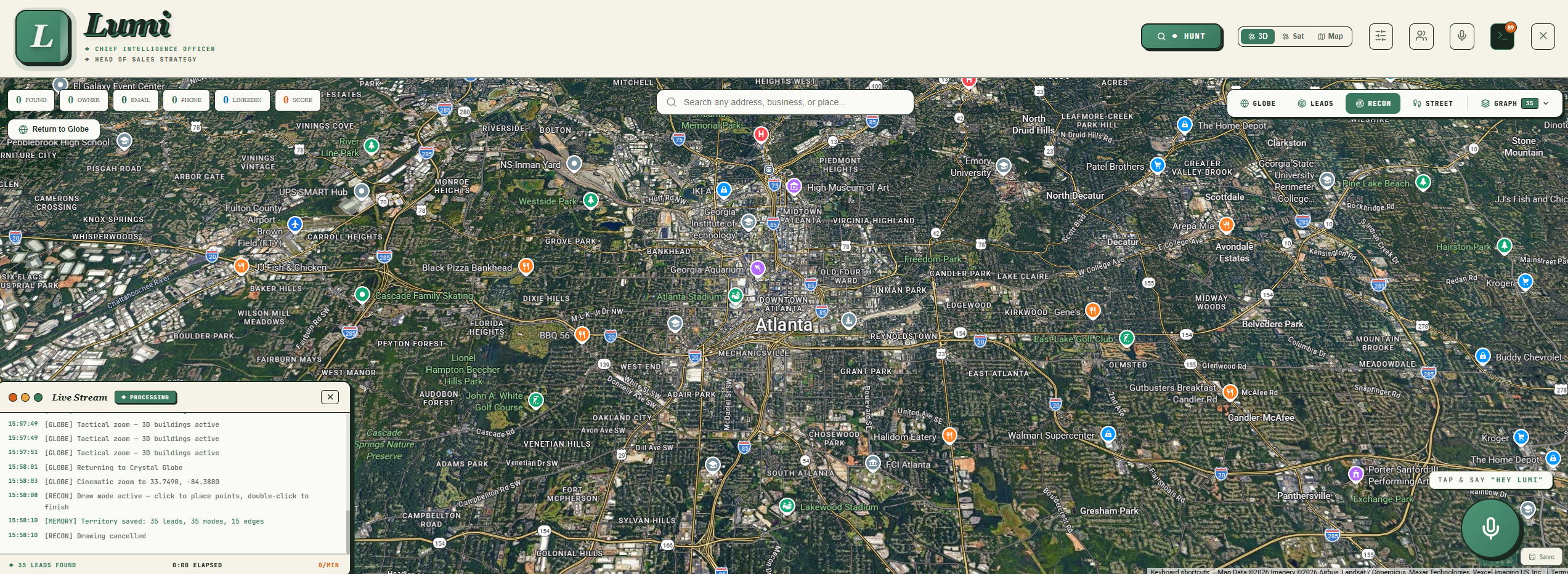 Lumi RECON — a satellite view of Atlanta with local businesses mapped as leads, ready to draw a territory