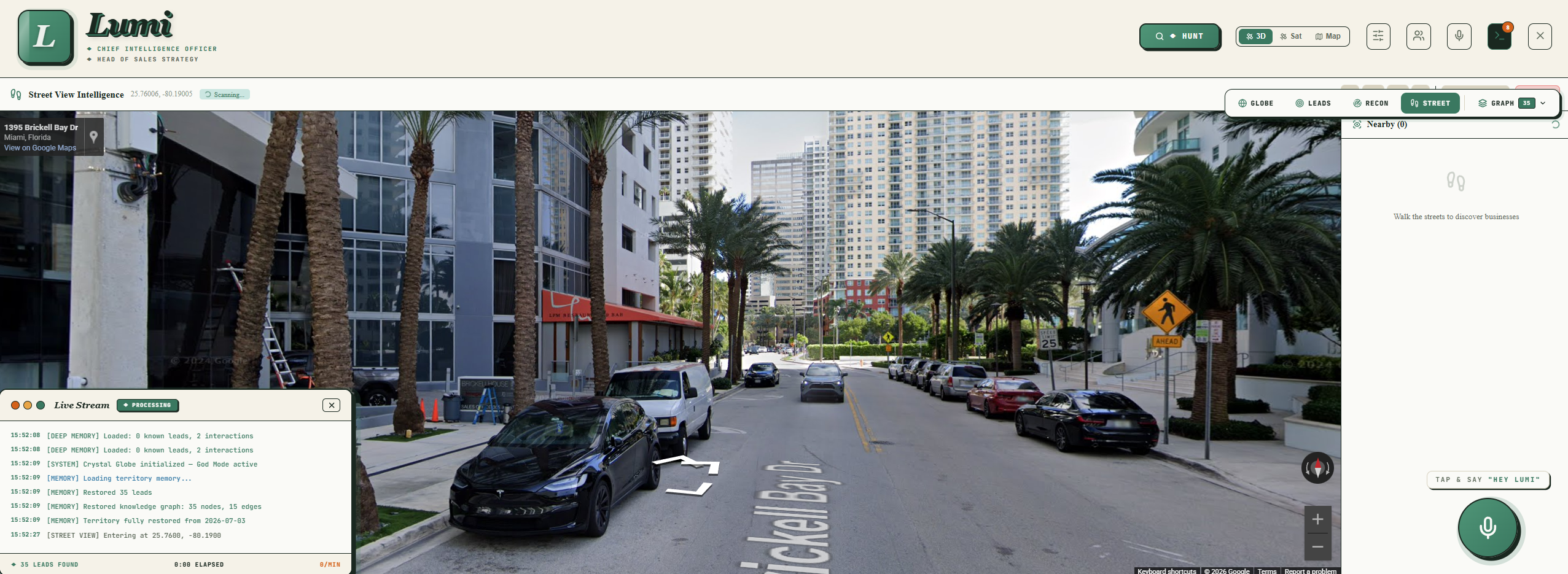 Lumi Street View Intelligence — walking a street in Miami in 3D to discover local businesses, with a live lead knowledge graph